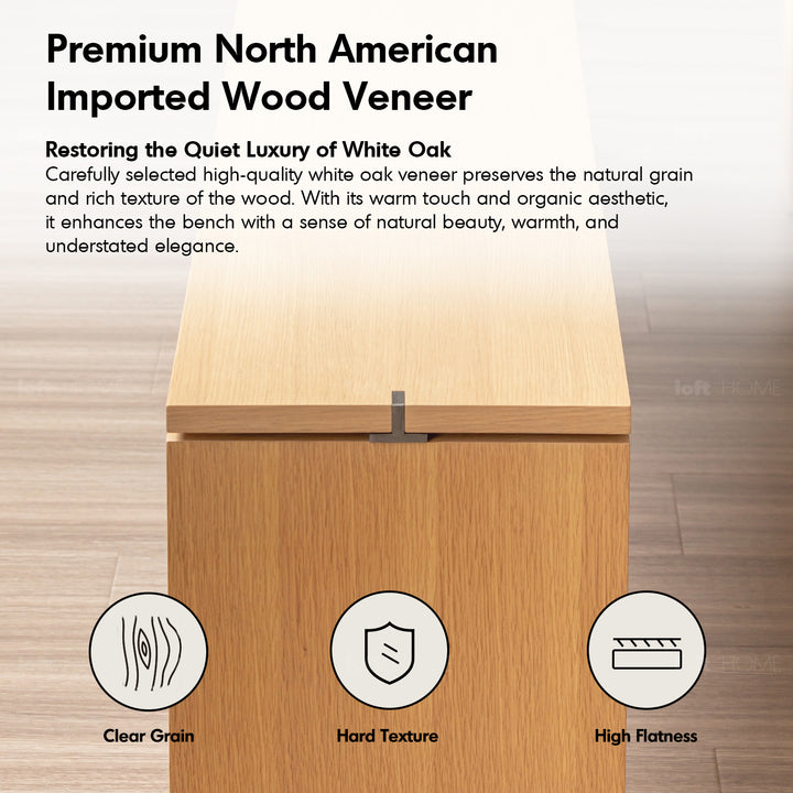 Minimalist oak wood veneer plywood dining bench horizon in real life style.