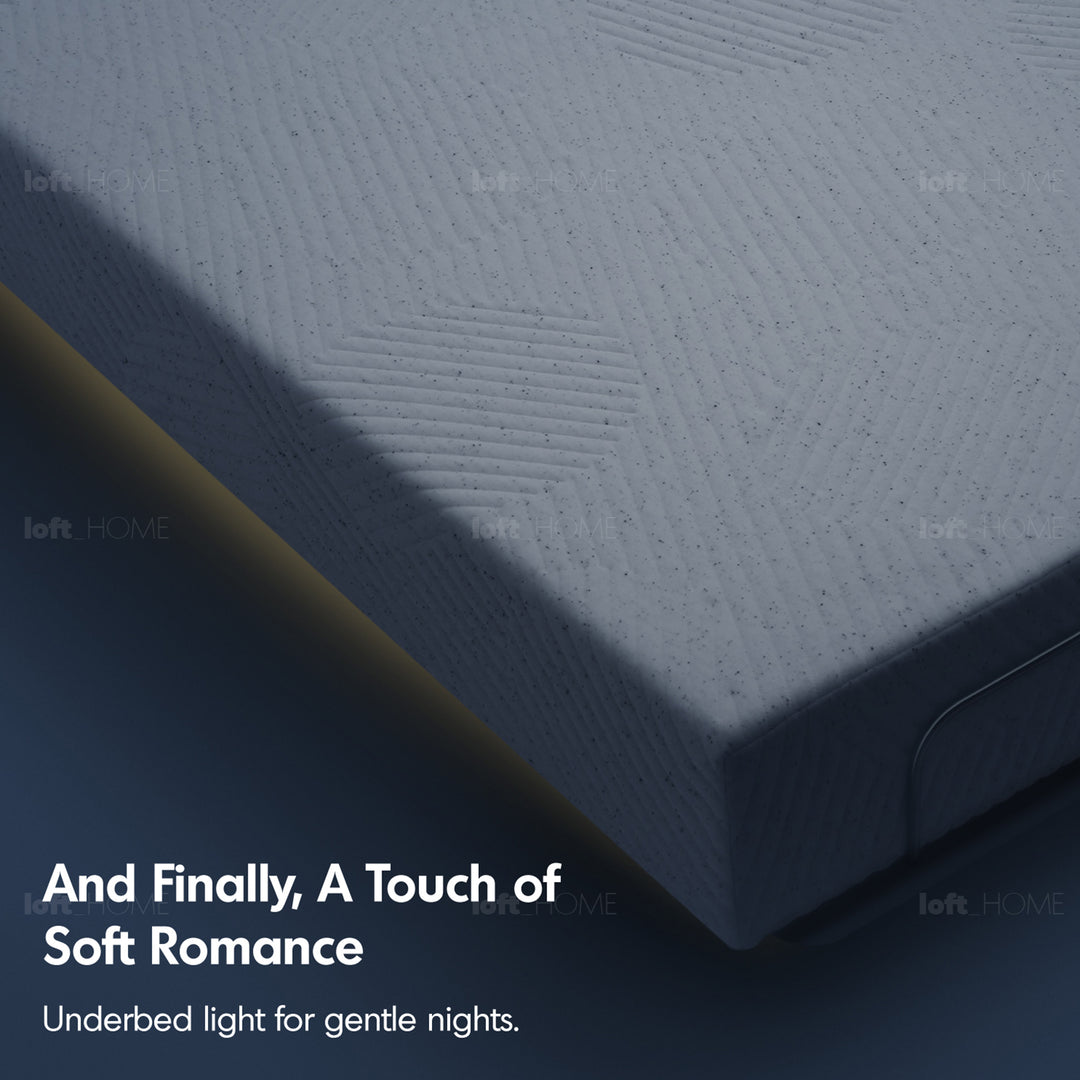 Minimalist metal electric adjustable bed frame with mattress 2in1 set upone in panoramic view.