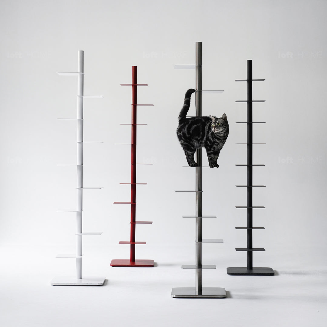 Minimalist steel revolving bookshelf stack material variants.