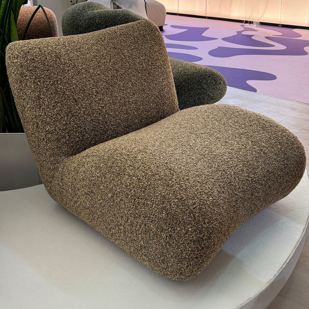 Cream boucle fabric 1 seater sofa pod in details.