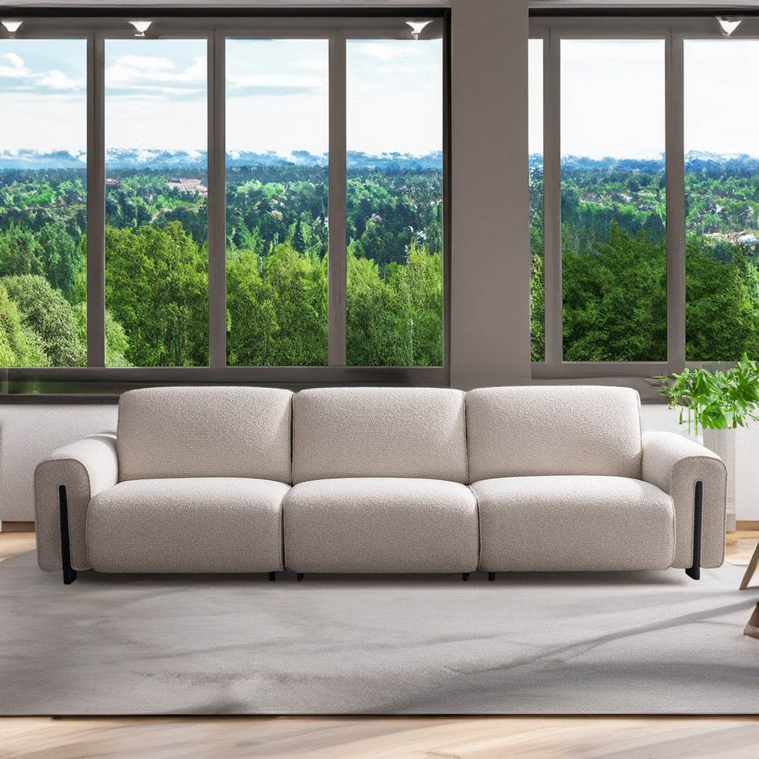 Minimalist boucle fabric modular 4 seater sofa colle color swatches.