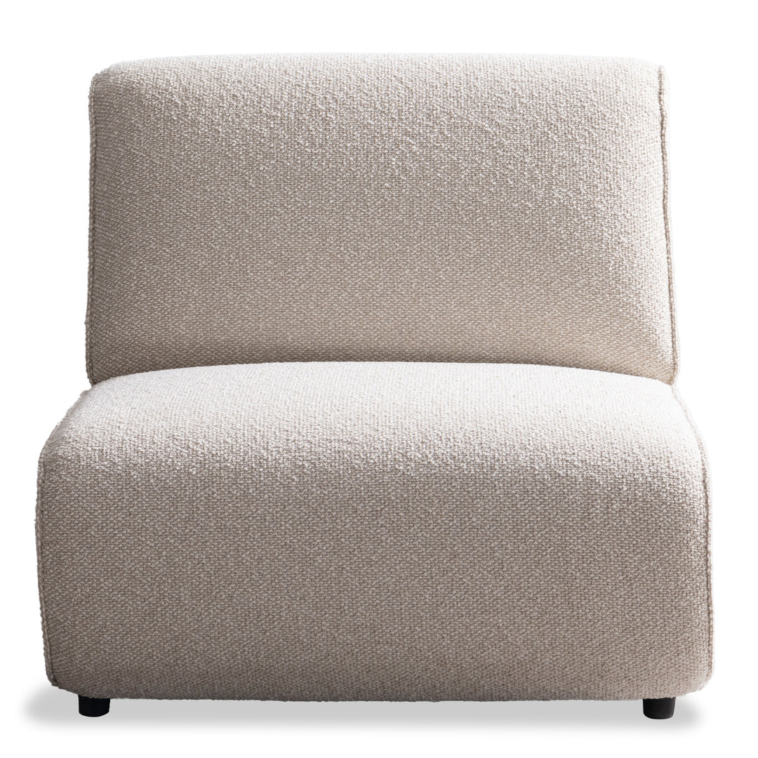 Minimalist boucle fabric modular armless 1 seater sofa colle in panoramic view.