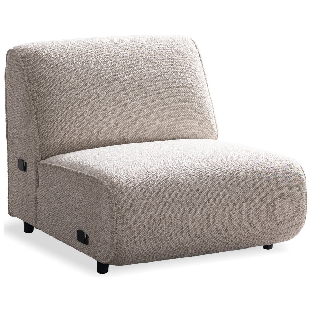 Minimalist boucle fabric modular armless 1 seater sofa colle in white background.