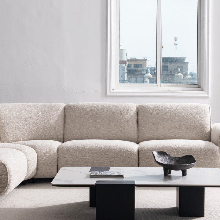 Minimalist boucle fabric modular armless 1 seater sofa colle color swatches.