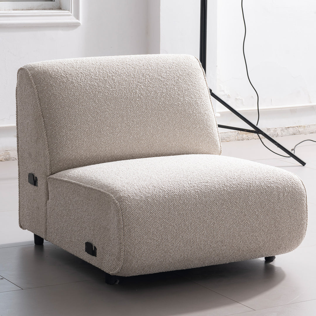 Minimalist boucle fabric modular armless 1 seater sofa colle in close up details.