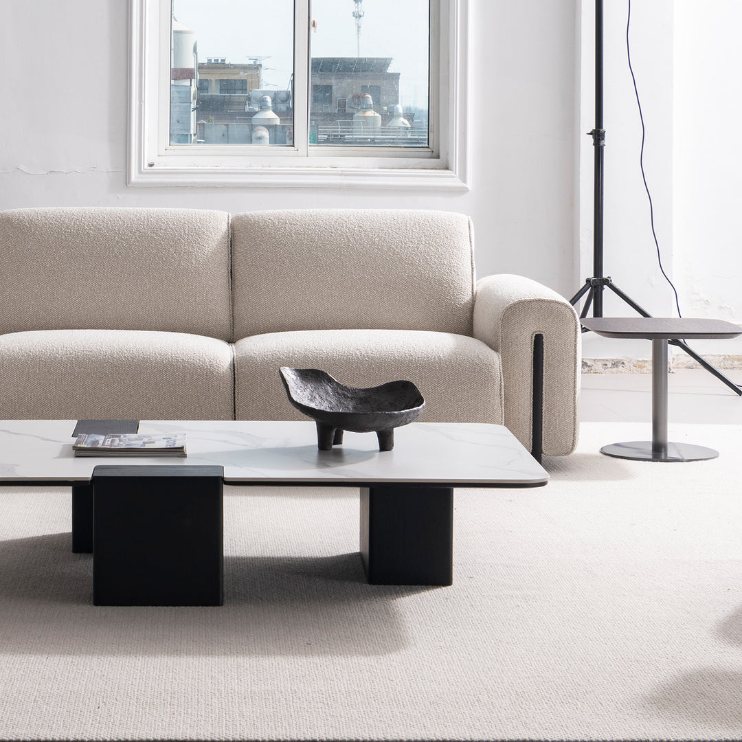 Minimalist boucle fabric modular corner 1 seater sofa colle color swatches.