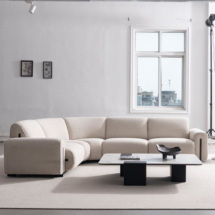 Minimalist boucle fabric modular corner 1 seater sofa colle material variants.