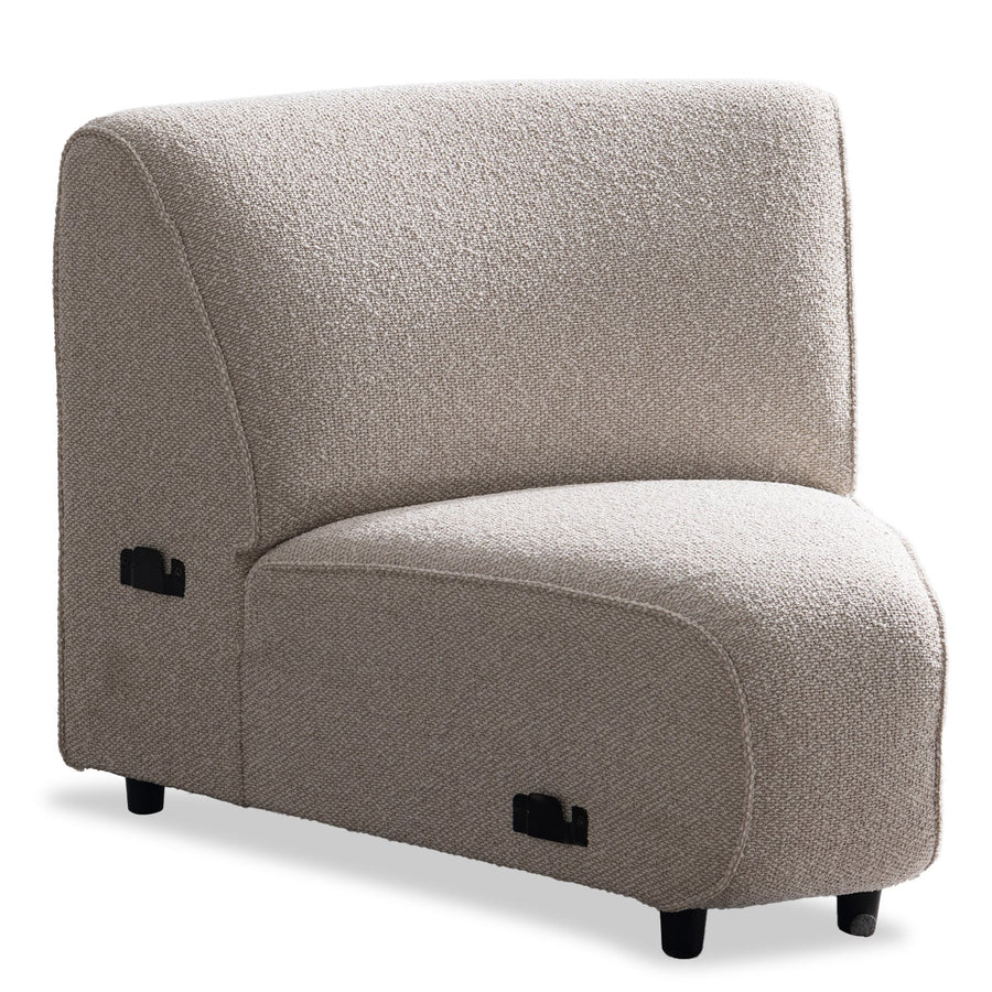 Minimalist boucle fabric modular joint connection 1 seater sofa colle in white background.