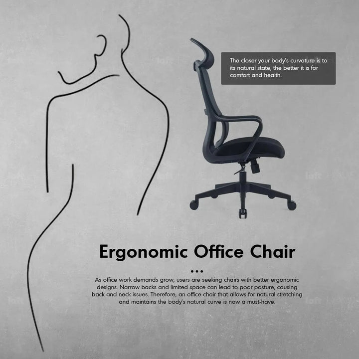 Modern mesh ergonomic office chair with headrest curve in still life.
