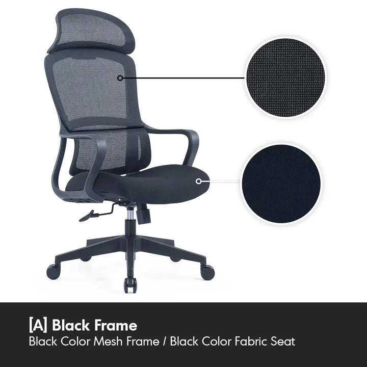 Modern mesh ergonomic office chair with headrest curve color swatches.