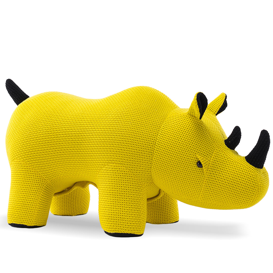 Contemporary mixed weave fabric ottoman decoration rhino in panoramic view.