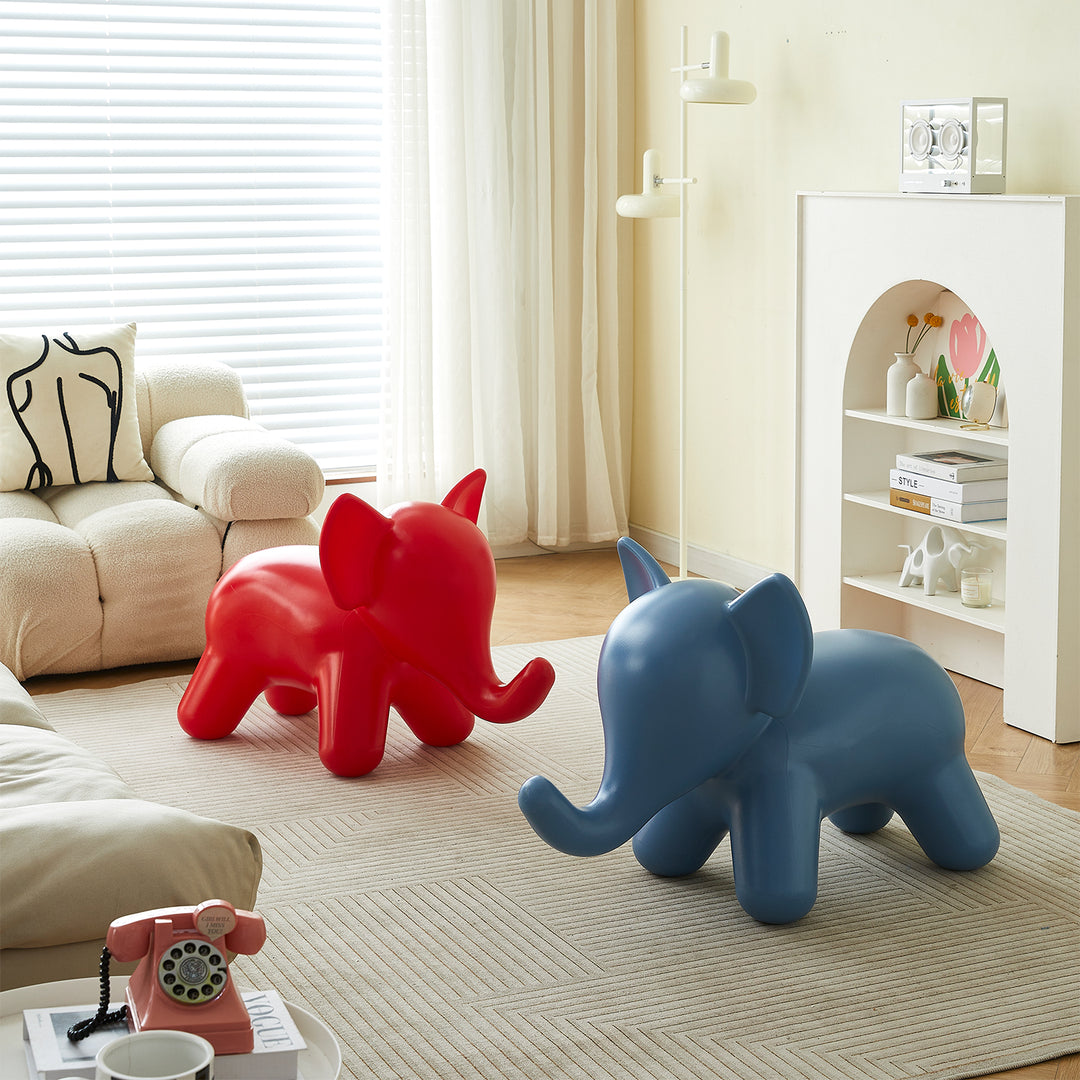 Contemporary plastic ottoman elephant in panoramic view.