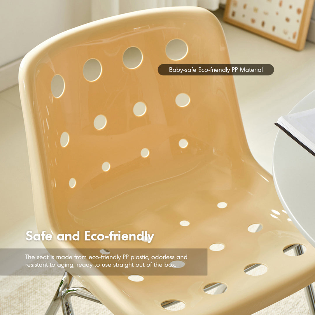 Contemporary plastic dining chair polo in close up details.