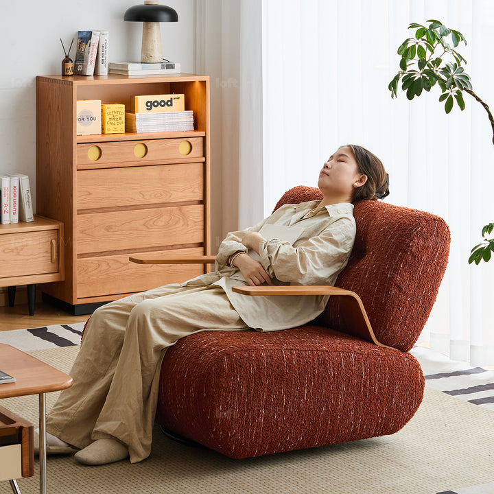 Modern mixed weave fabric revolving 1 seater sofa benny in close up details.