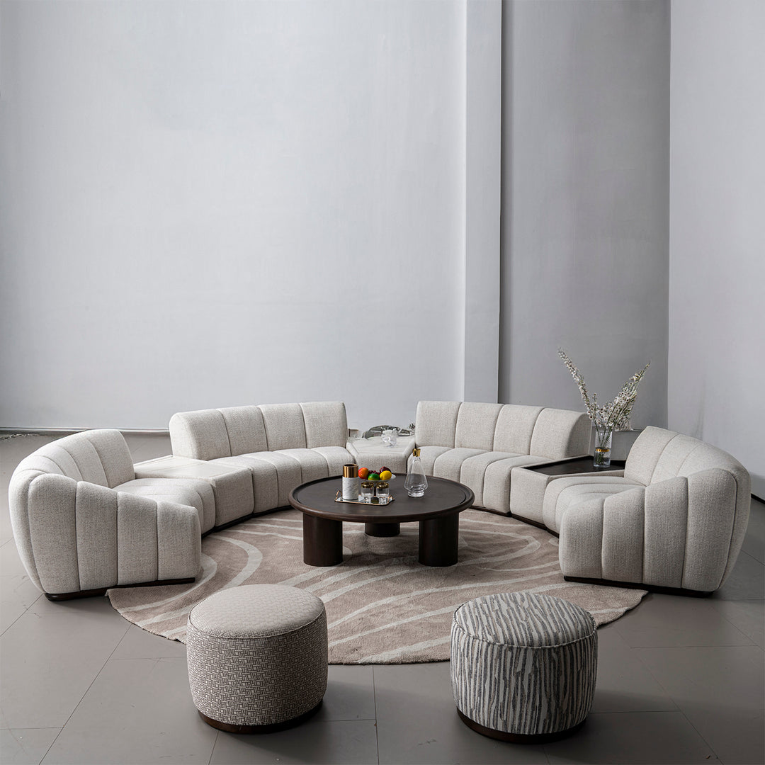 Modern mixed weave fabric sintered stone modular sofa side table bento in close up details.