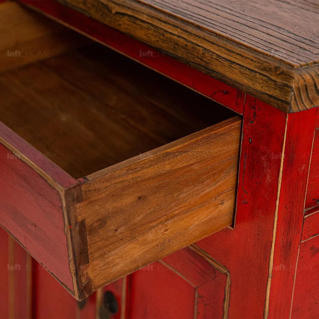 Rustic elm wood storage cabinet enigma in close up details.