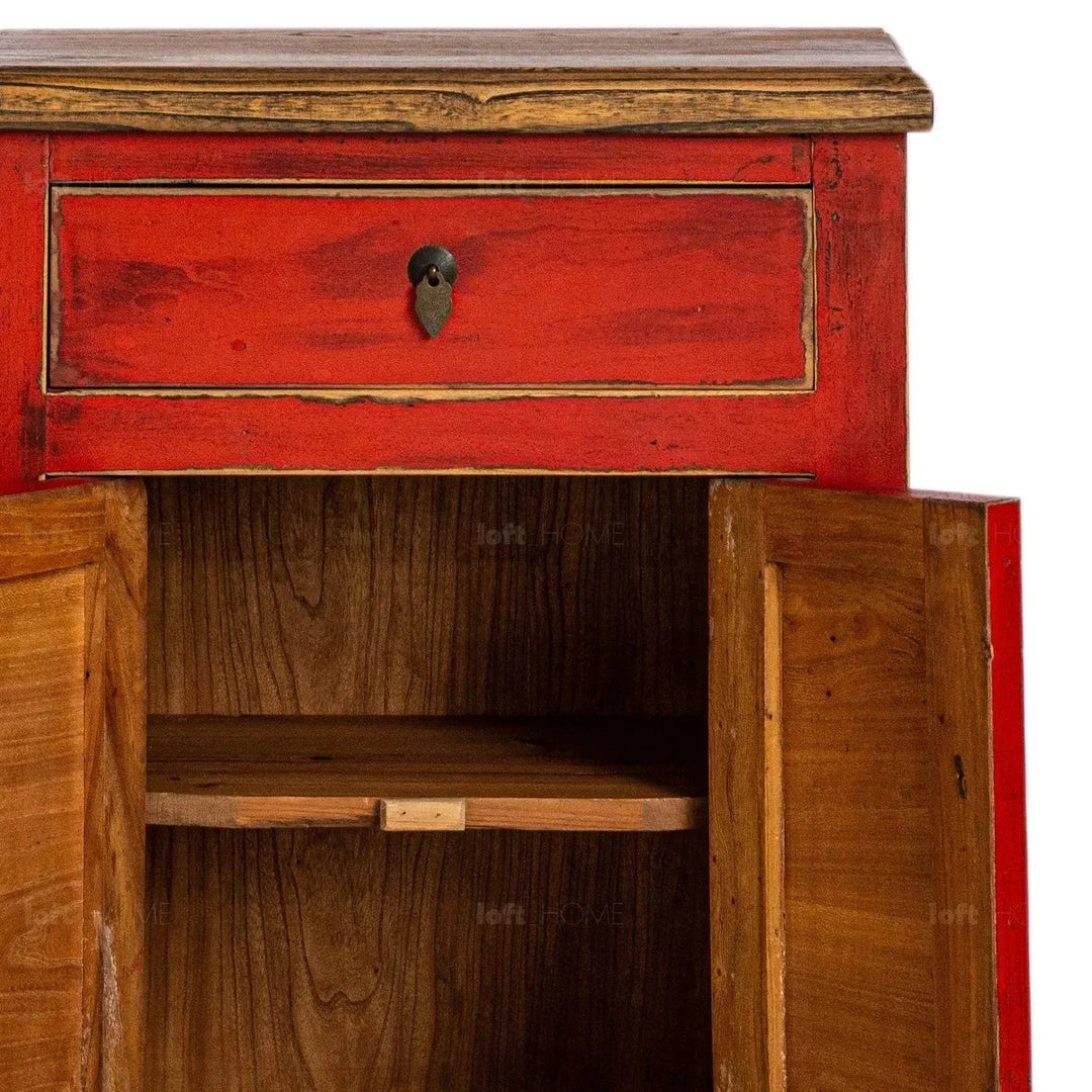 Rustic elm wood storage cabinet enigma in panoramic view.