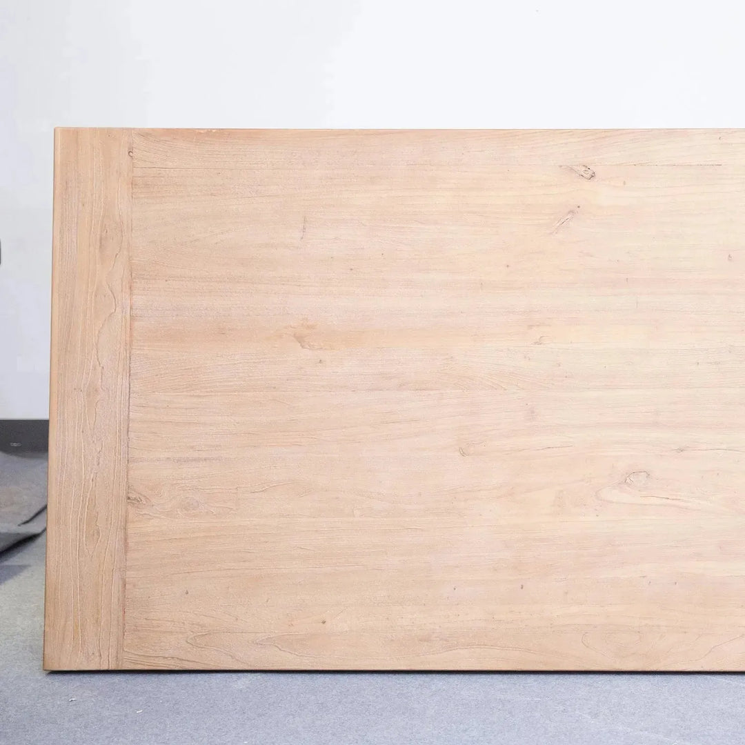 Rustic elm wood dining table forge in panoramic view.