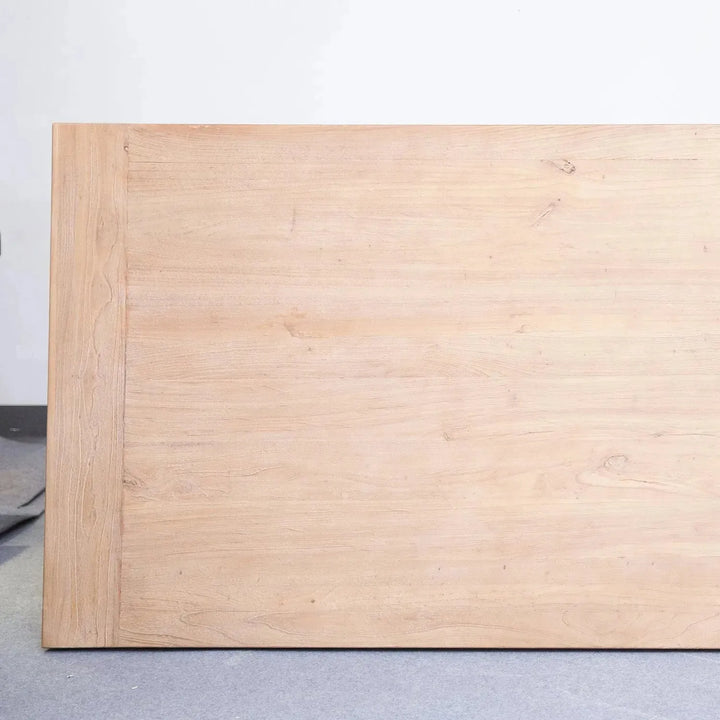 Rustic elm wood dining table forge in panoramic view.