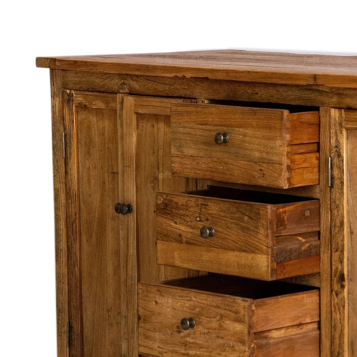 Rustic elm wood storage cabinet tranquility in close up details.