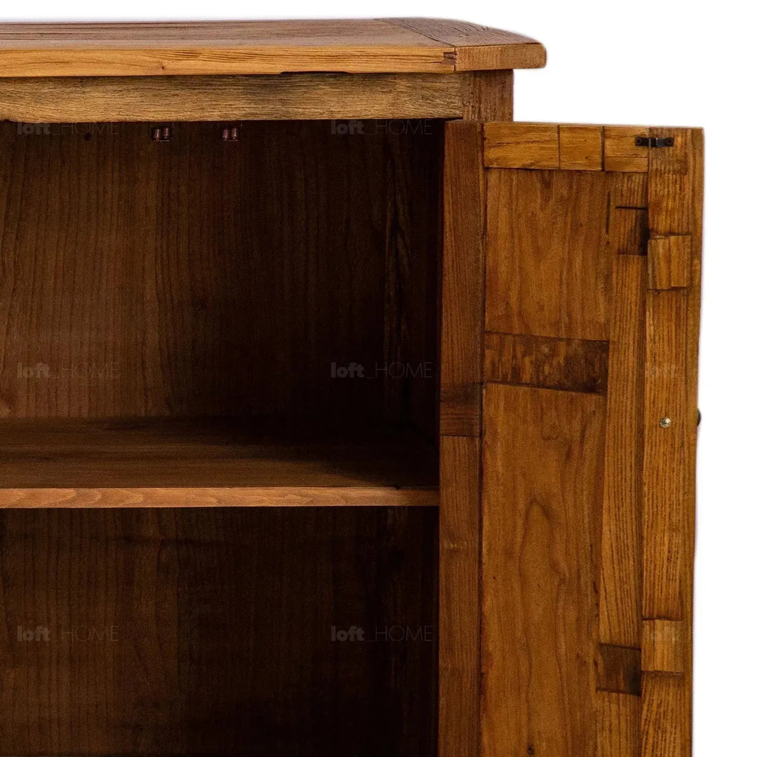 Rustic elm wood storage cabinet tranquility in panoramic view.