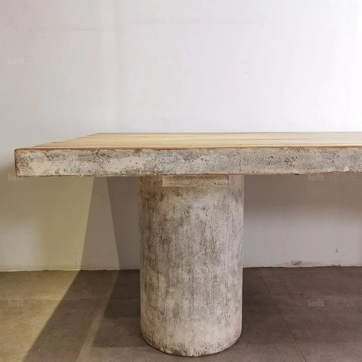 Rustic pine wood dining table barn in panoramic view.