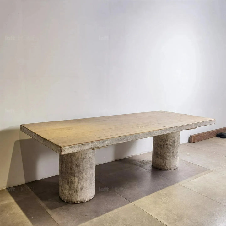 Rustic pine wood dining table barn in still life.