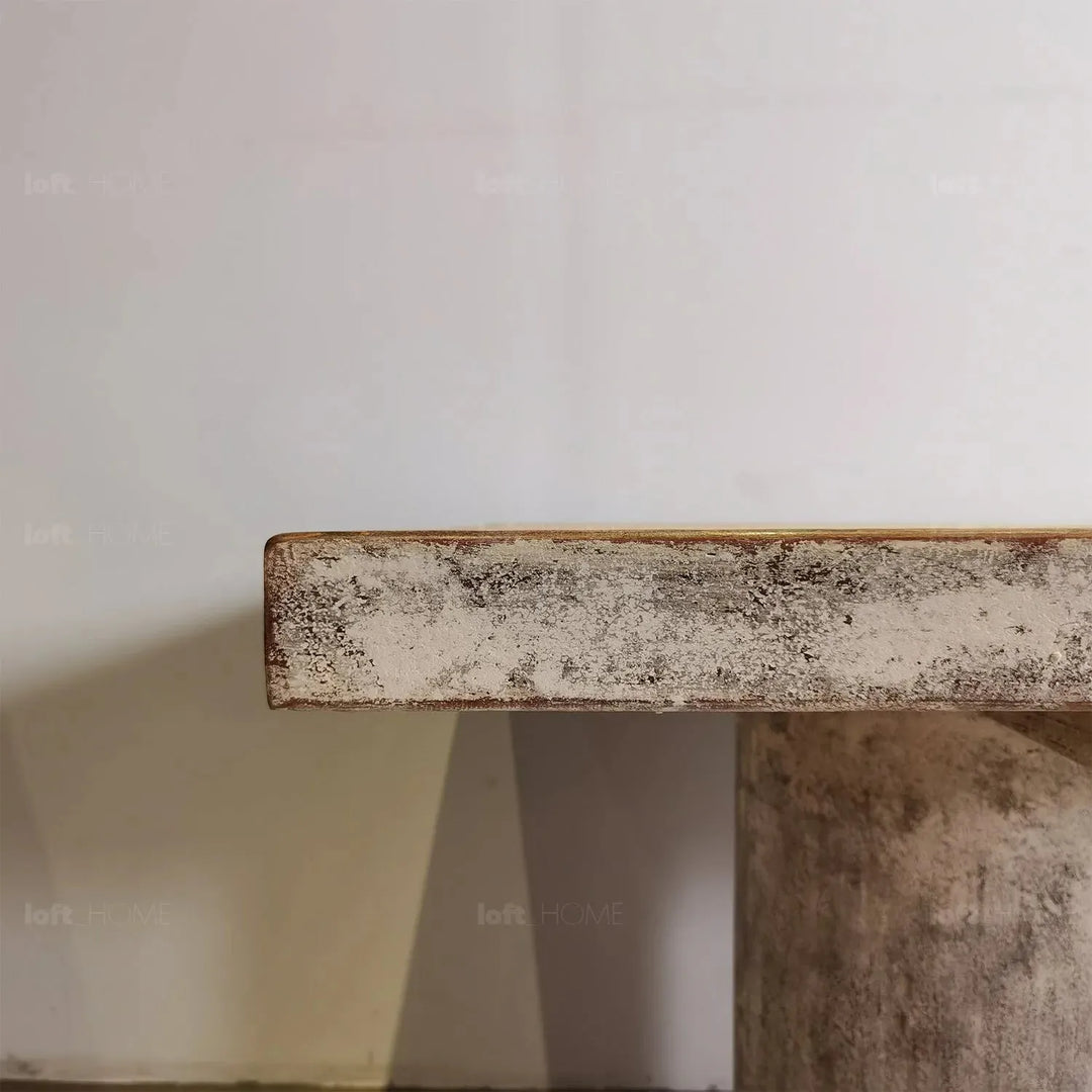 Rustic pine wood dining table barn in close up details.