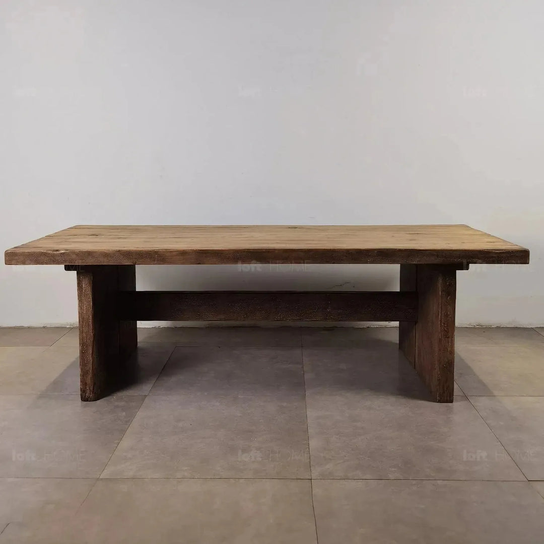 Rustic pine wood dining table dock in panoramic view.