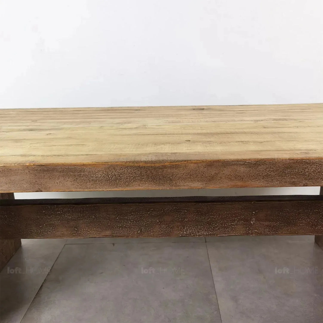 Rustic pine wood dining table dock in still life.