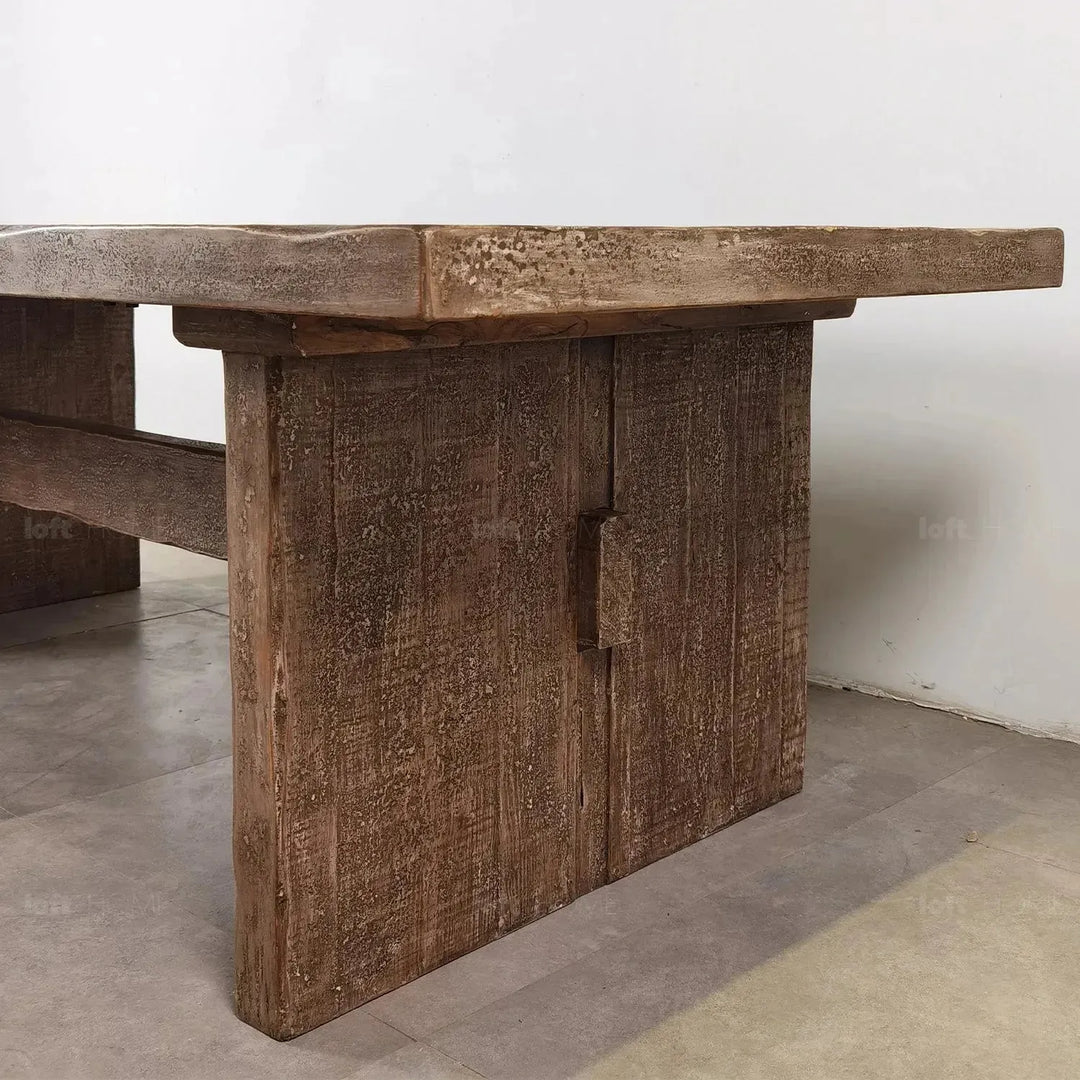 Rustic pine wood dining table dock with context.