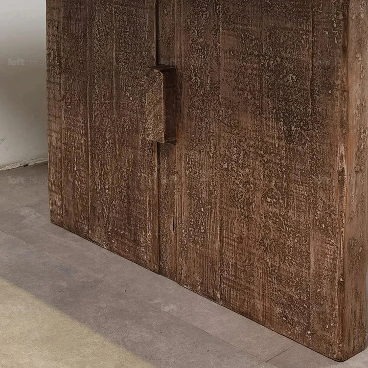 Rustic pine wood dining table dock in details.