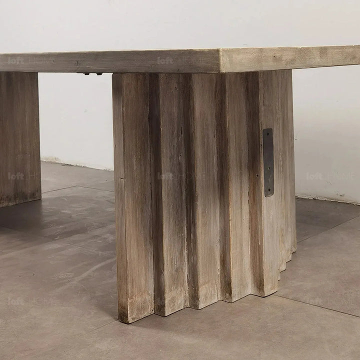 Rustic pine wood dining table lodge in panoramic view.