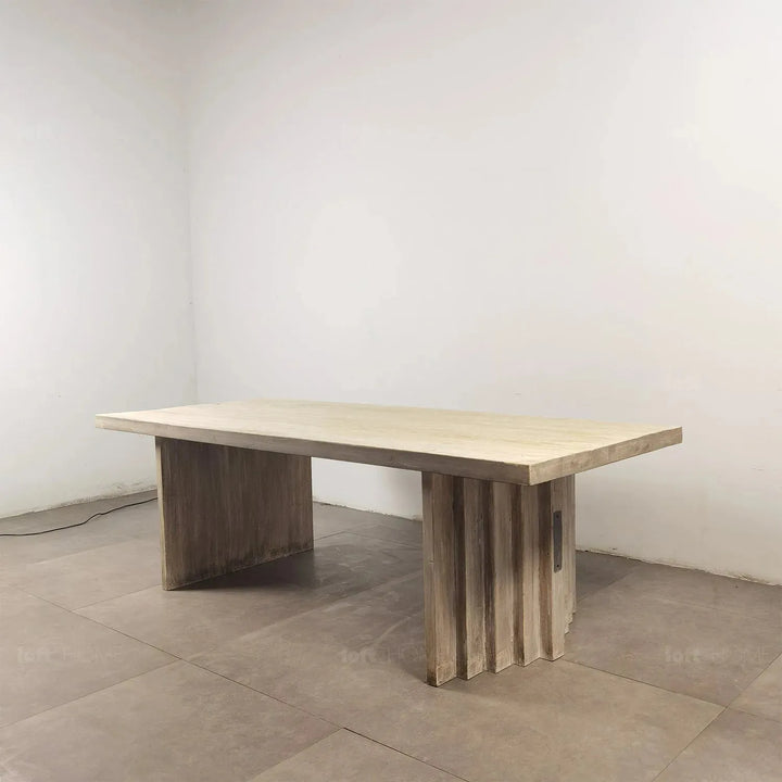 Rustic pine wood dining table lodge in close up details.