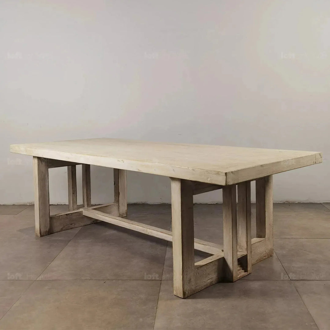 Rustic pine wood dining table pixie in close up details.