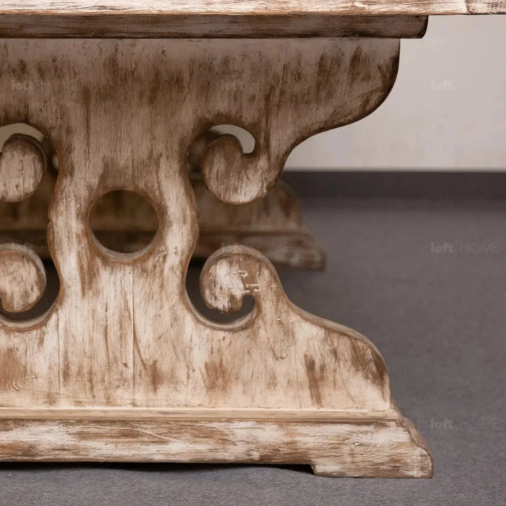 Rustic pine wood dining table sherlock in panoramic view.