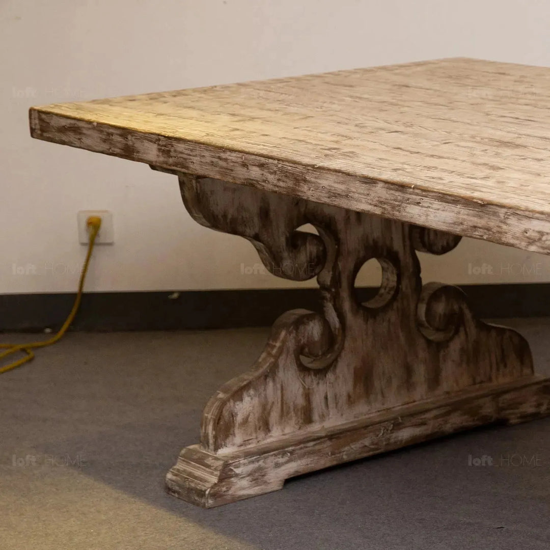 Rustic pine wood dining table sherlock in close up details.