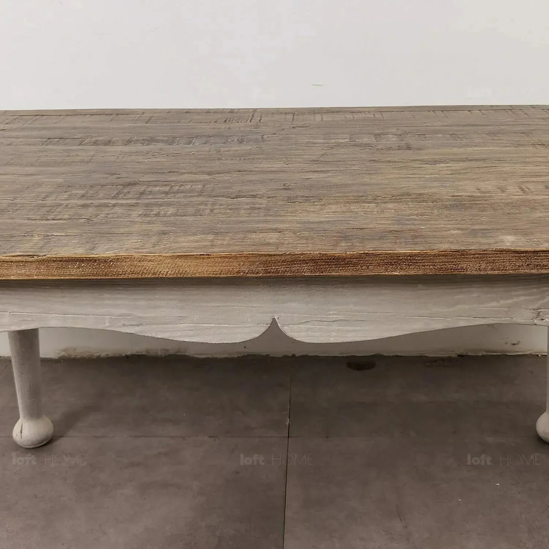 Rustic pine wood dining table shore in close up details.