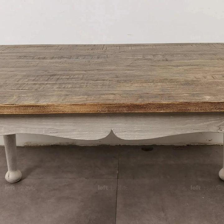 Rustic pine wood dining table shore in close up details.