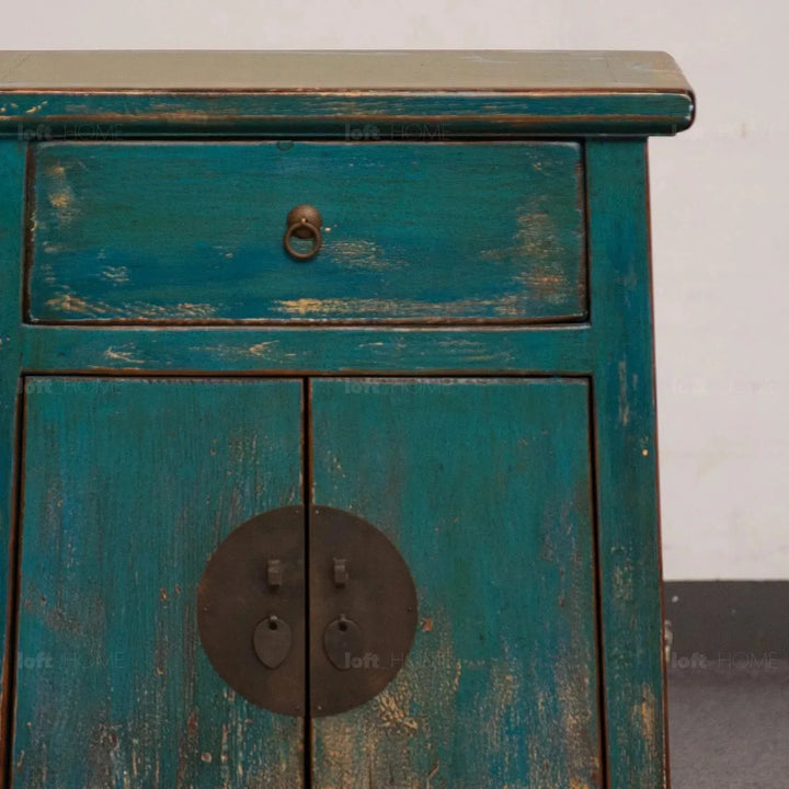 Rustic pine wood storage cabinet heirloom in details.