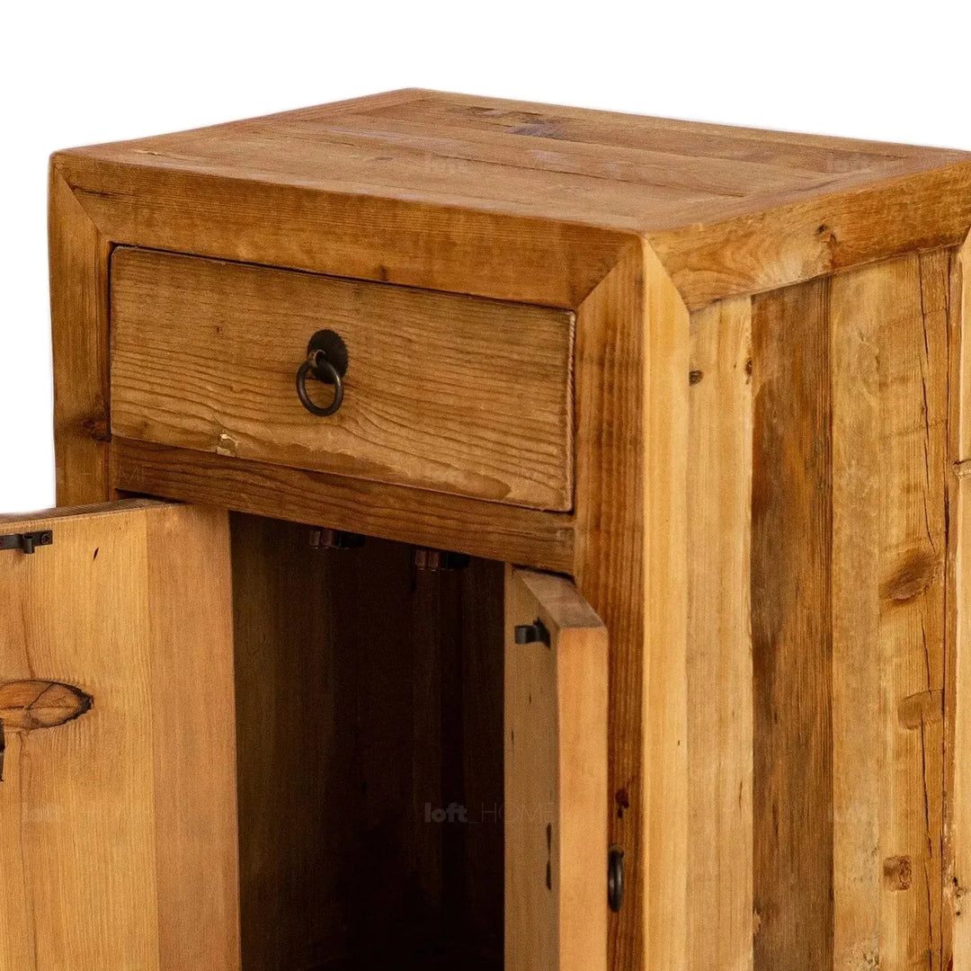 Rustic pine wood storage drawer cabinet tranquility in panoramic view.