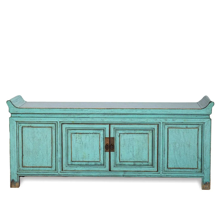 Rustic pine wood tv console whispers in white background.