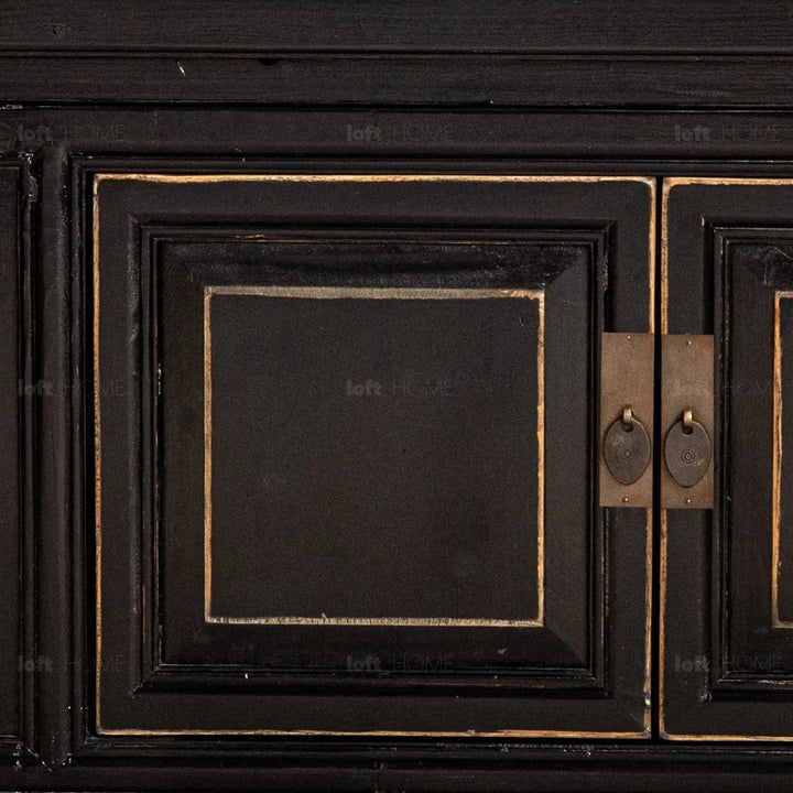 Rustic pine wood tv console yugen in close up details.