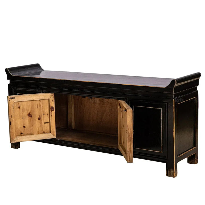 Rustic pine wood tv console yugen in panoramic view.