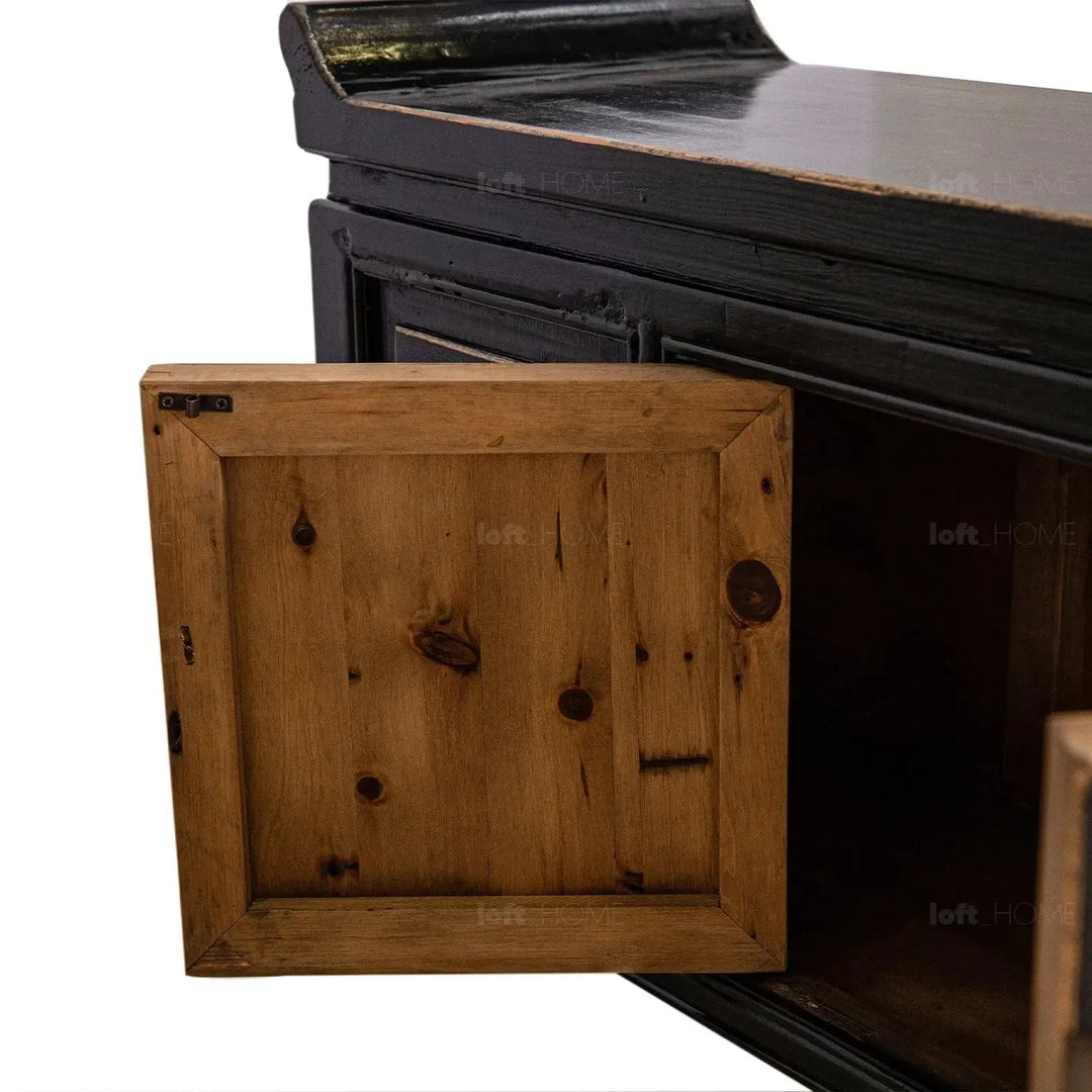 Rustic pine wood tv console yugen in still life.