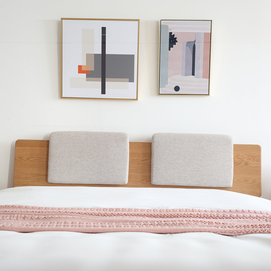 Scandinavian fabric bed panel headboard cushion ease in panoramic view.