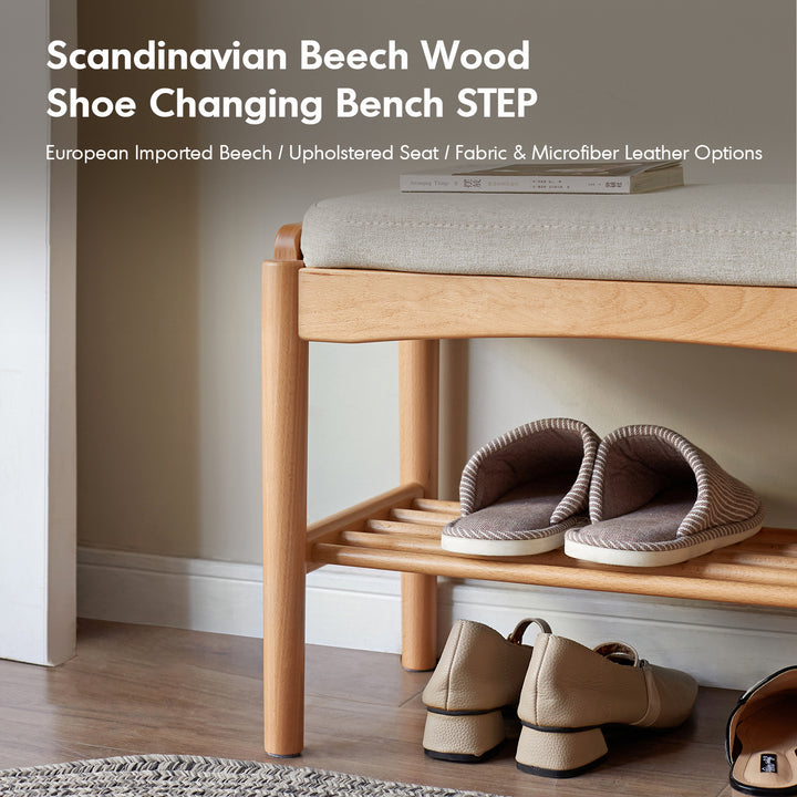 Scandinavian beech wood mixed weave fabric bench step in real life style.