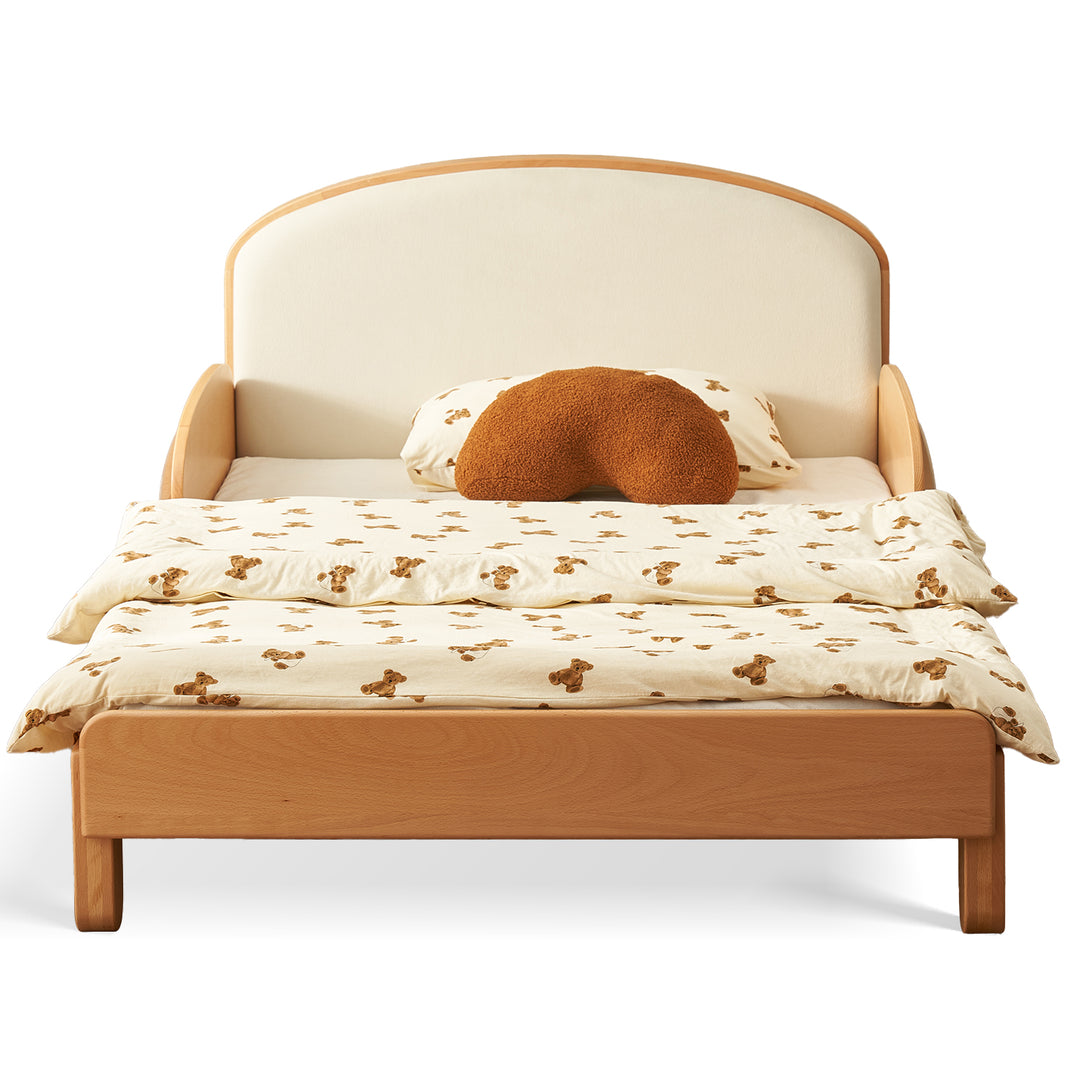 Scandinavian beech wood cat scratch resistant fabric leather kids bed nestle in white background.