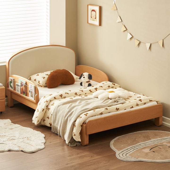 Scandinavian beech wood cat scratch resistant fabric leather kids bed nestle primary product view.