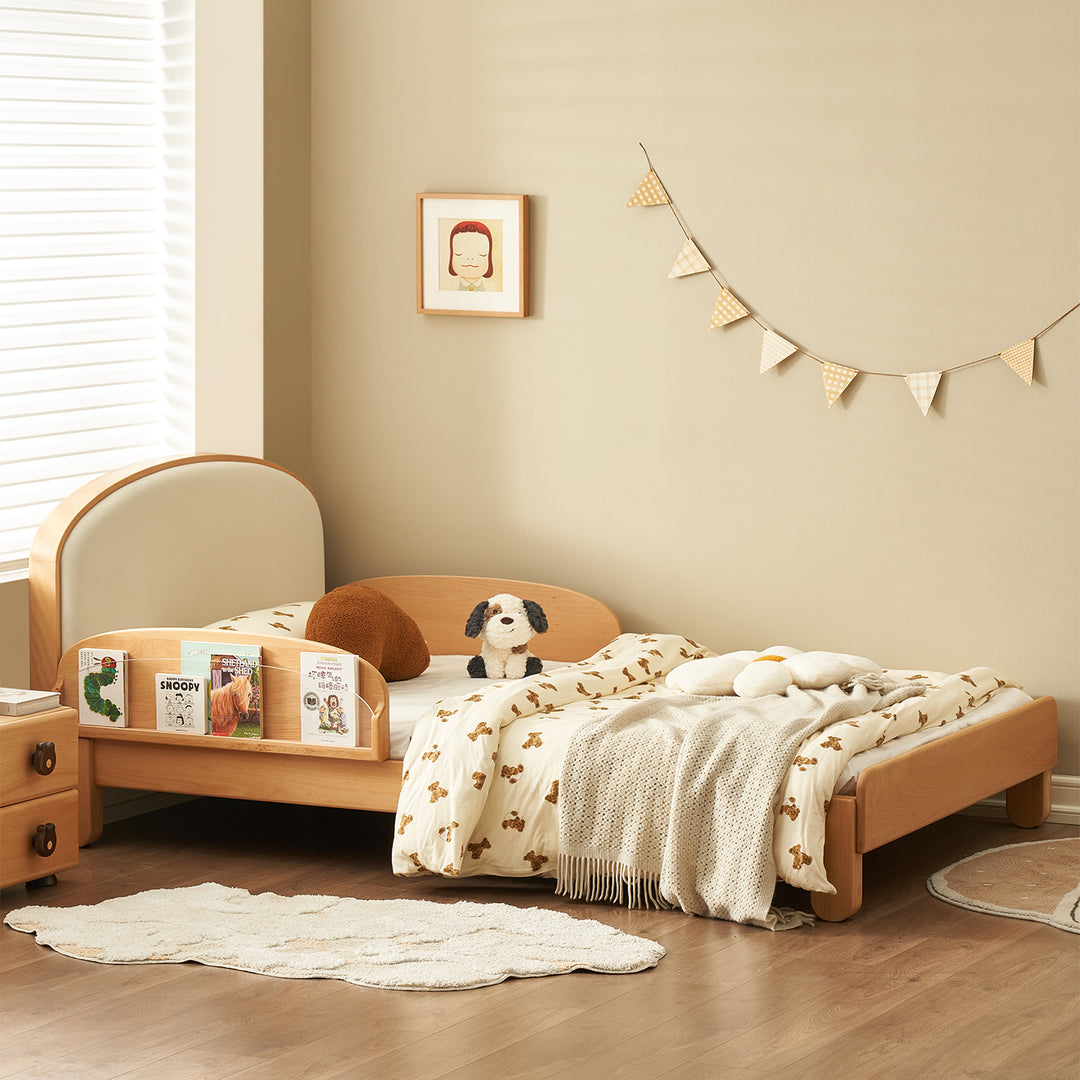 Scandinavian beech wood cat scratch resistant fabric leather kids bed nestle detail 12.